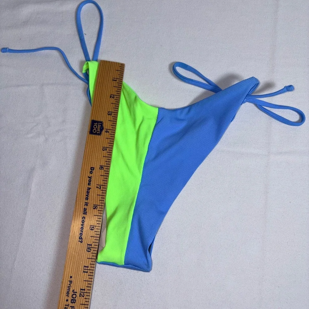 Maaji string tie up Bikini Set Medium Blue Neon Green NEW Ribbed Colorblock